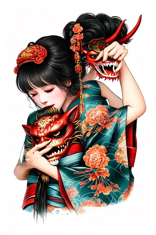 Girl In Traditional Kimono Holding Demon Mask