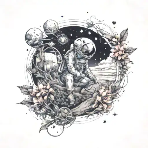 Astronomer Exploring A Cosmic Highway Surrounded By Floral Patterns