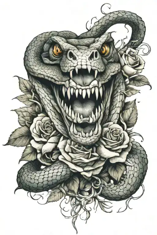 Snake Coiling Around A Bouquet Of Roses With Its Mouth Open And Fangs Showing