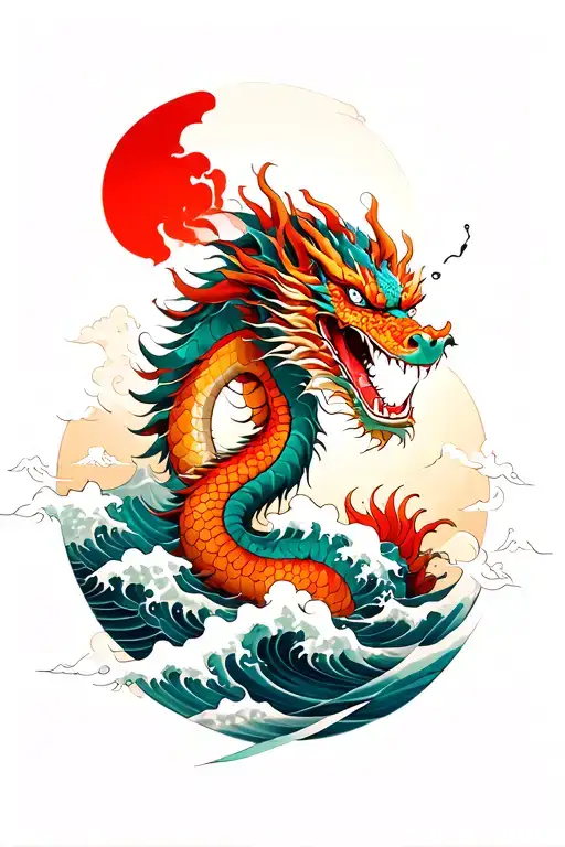 Arm Sleeve Tattoo Japan Dragon With Japan Clouds And Waves With Subtle Red Lines And Smokes