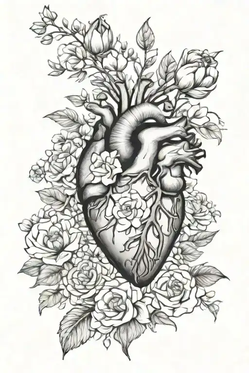 Anatomical Heart Surrounded By Big Flowers