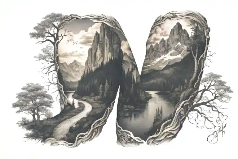 Full Sleeve Tattoo Combining A Road From A Lake Through Nature To Mountains