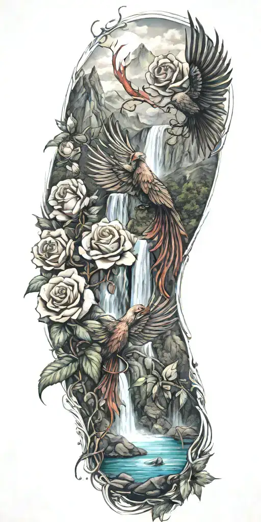 Roses And A Phoenix With A Waterfall And Mountains