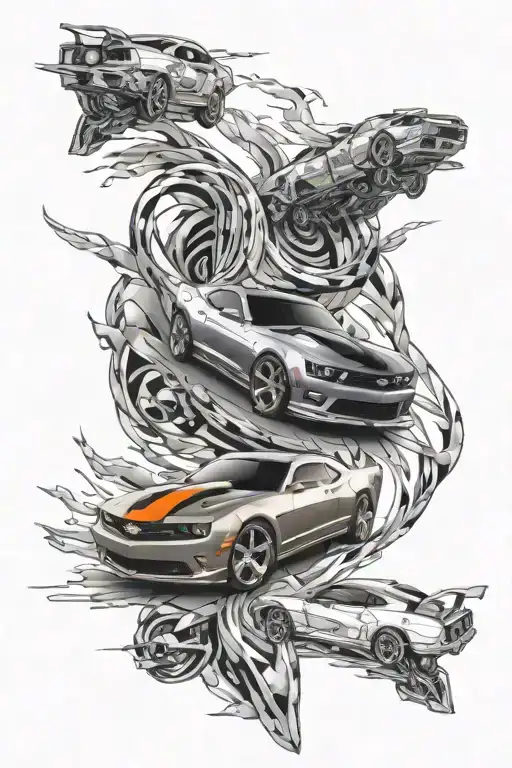 A Sleek And Futuristic Design Featuring A Camaro And Mustang Racing Each Other On A Winding Road