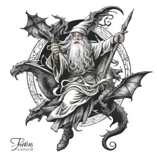 Wizard With Dragons Coming Out Of The Winds Next To A Witch