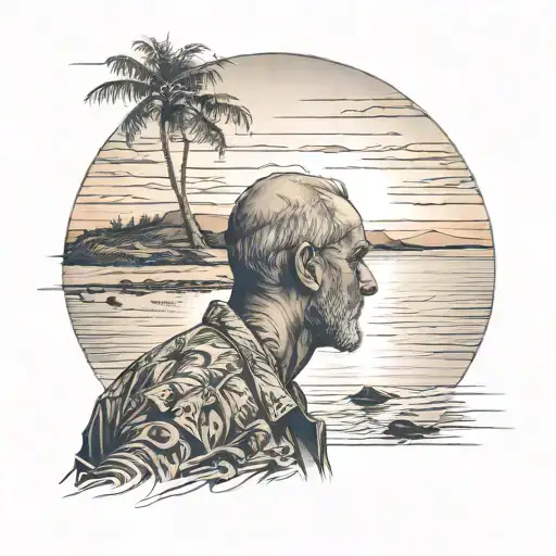 Coast Man Looking At Background Landscape With A Sunset