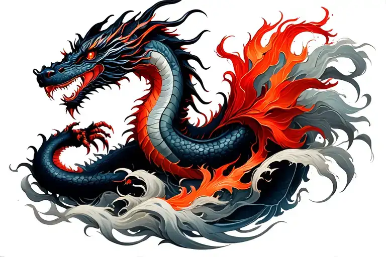 Dragon With Long Waves Of Black Red