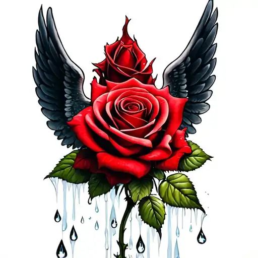 Red Rose With Wings And Drops Of Rain