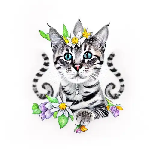 3 Headed Cute Cat With Flowers Around