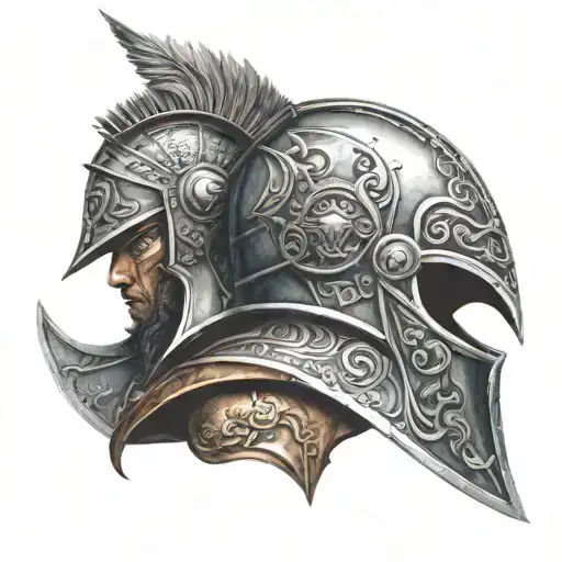 The Helmet Of The God Ares And Warrior In The Background As Swords