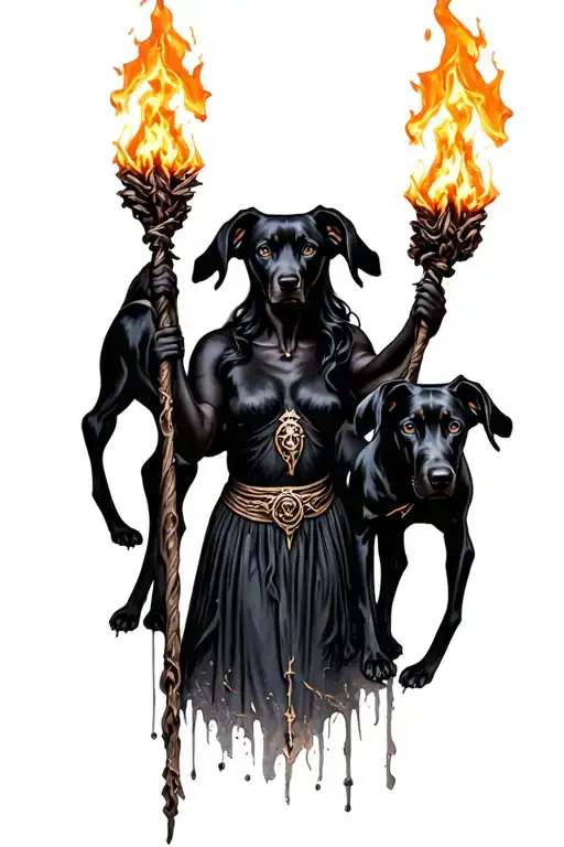 Hecate Holding Torches With Two Black Dogs Pointed Ears