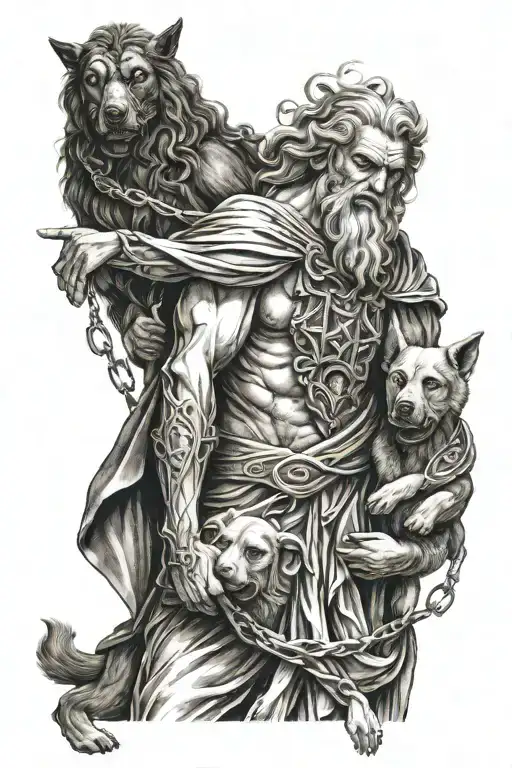 Hades Greek God Holding Three Headed Dog On Chain
