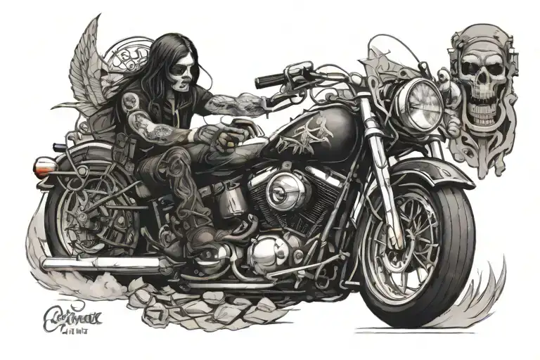 A Realistic Portrait Of Caveira Riding A Motorcycle Surrounded By Rock N Roll Symbols