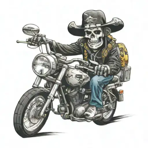A Realistic Portrait Of Caveira Riding A Motorcycle Surrounded By Rock N Roll Symbols