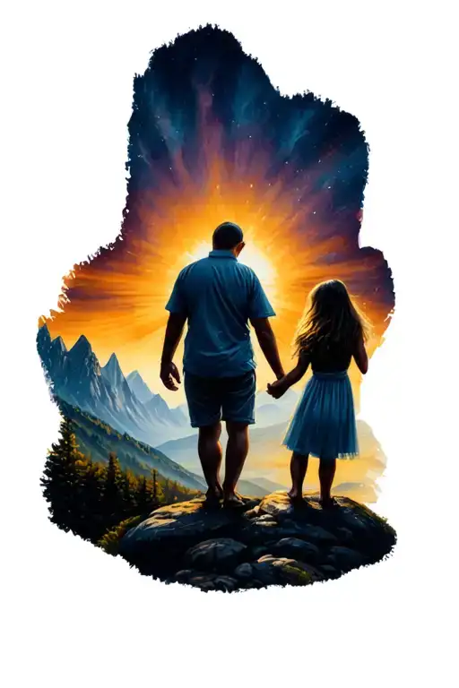 Dad And 1 Daughter Hand In Hand Mountain Landscape With Sun