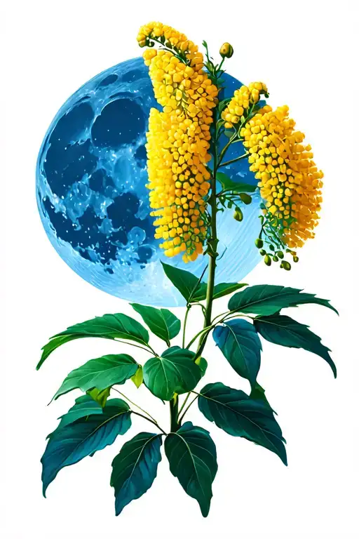 Detailed Blue Lit Full Moon In Background With Detailed Mimosa Plant In The Foreground