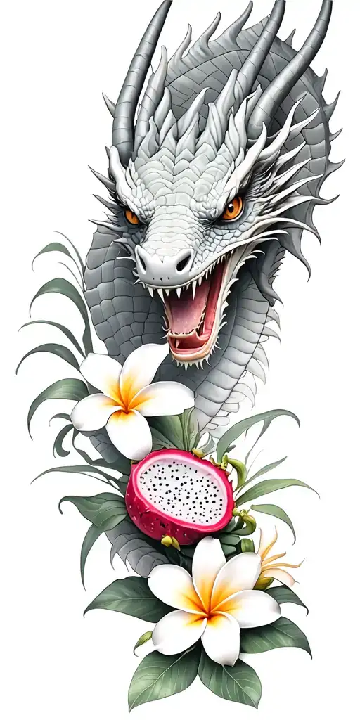 Dragon Head Winding With Dragonfruit Plant And Plumeria Flower