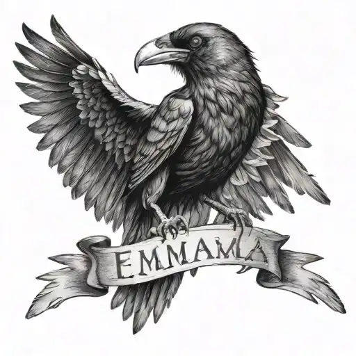 Black Crow Protecting With Its Wings The Name Emma Written In The Lettering