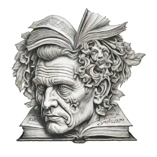 Caesar's Head Tattoo Holding Open Book Surrounded