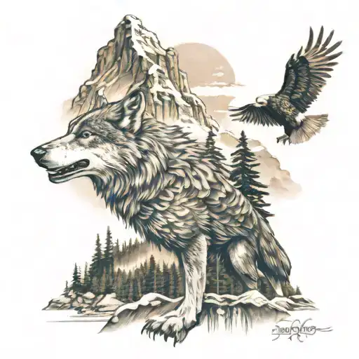 Wolf And Eagle With Mountain And Forest Scenes Throughout