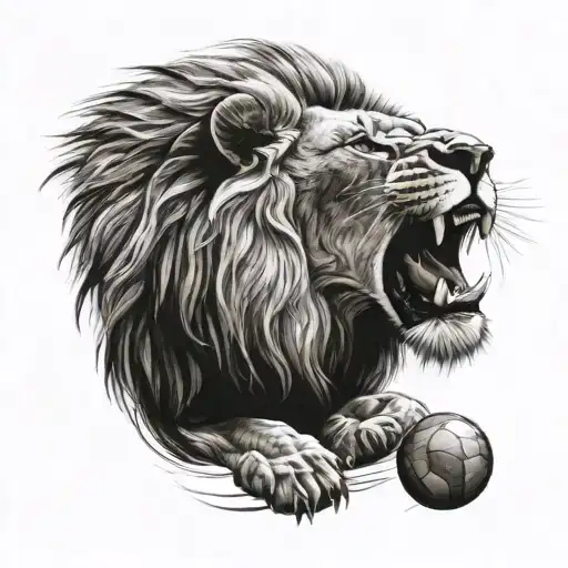 Roaring Lion And Little Boy With A Ball In His Hands