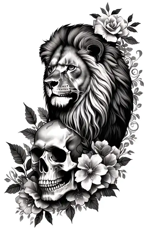 Full Arm Tattoo With A Lion Head A Skull And Flowers