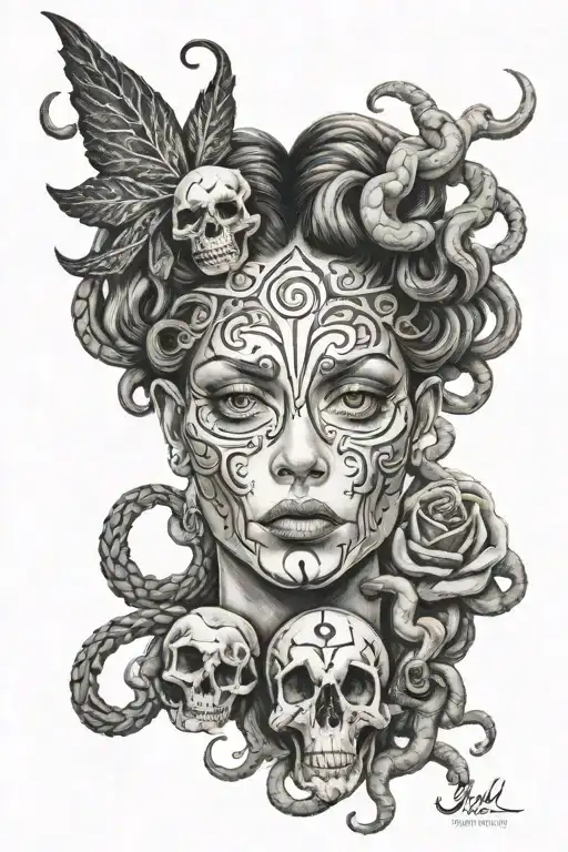 Black And Grey Medusa With Under A Skull Mysterious
