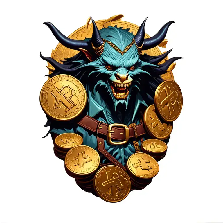 Mammon Demon Surrounded By Leather Coins With Buckle