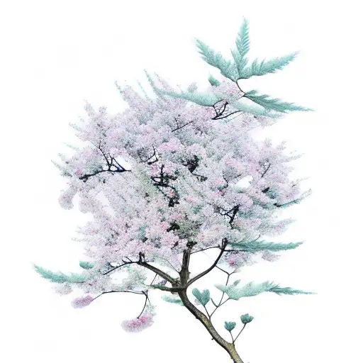 Color Sakura Branch With Leaves