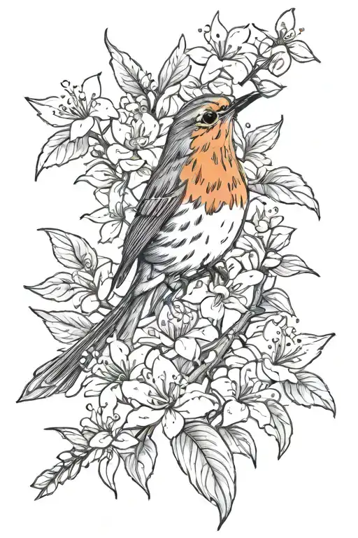 Robin Bird On Honeysuckle Flowers