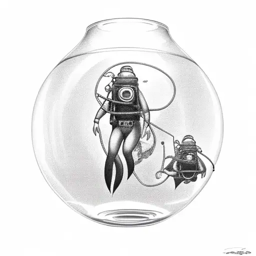 Two Traditional Deep Sea Divers Floating In A Fishbowl Black And White
