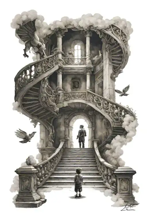 Grand Winding Staircase To Heaven With Little Boy Praying In Front