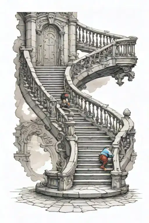 Winding Staircase To Heavens Gates With Little Boy Kneeling And Praying At Base