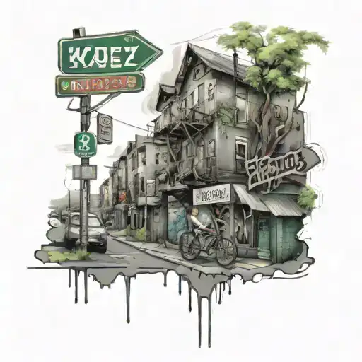 A Detailed Cityscape Of Your Hood With Graffiti Art And Street Signs Incorporated Into The Design