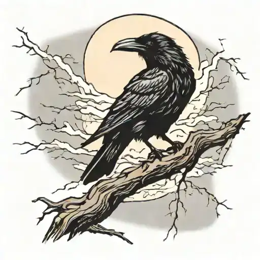 A Realistic Depiction Of A Raven Silhouetted Against A Dramatic Lightning-filled Sky