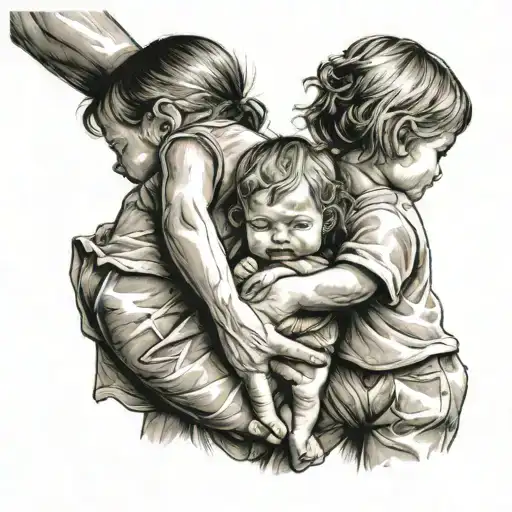 Two Children Holding Mothers Hand Holding