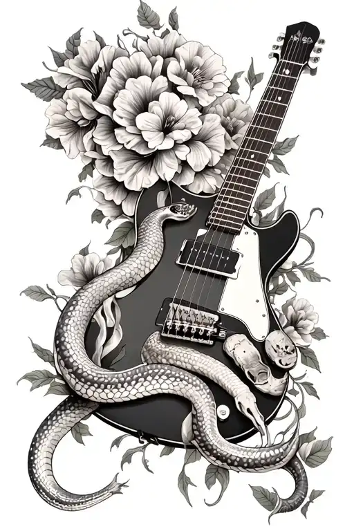 A Guitar With A Dead Snake And Flowers Wrapped Around It