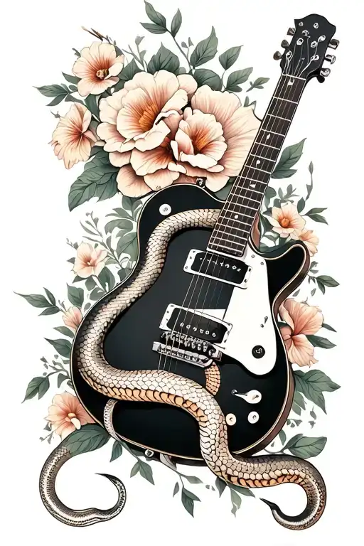 A Guitar With A Dead Snake And Flowers Wrapped Around It