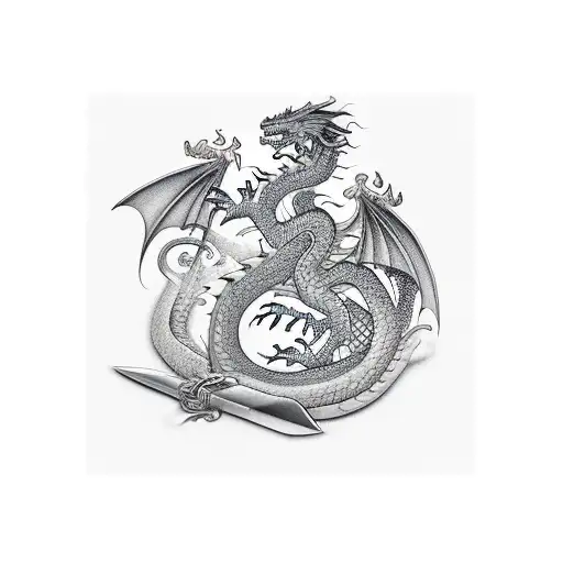Dragon Wrapped Around Sword Creating Chinese Peace Letter Ping