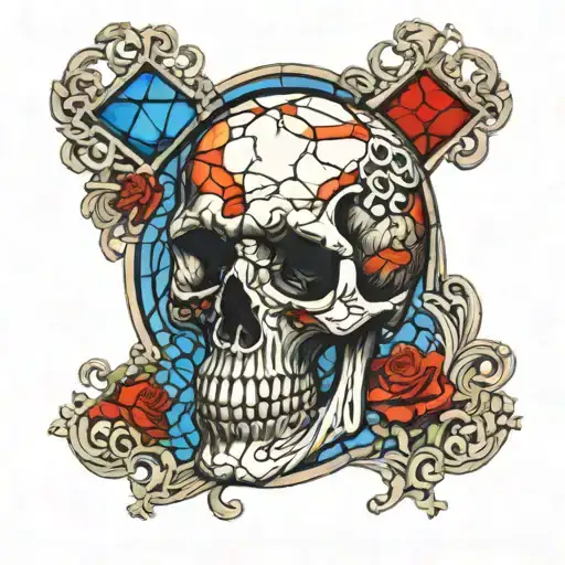 Skull On The Background Of Red Church Stained Glass Windows