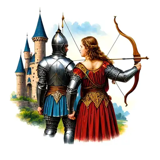 Medieval Knight And Lady Archer Warrior Looking At Castle