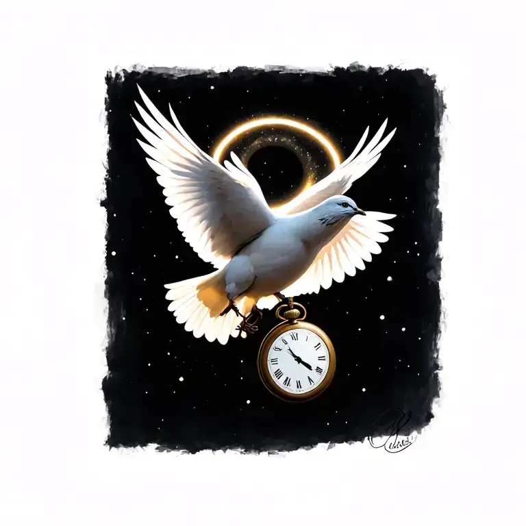 Dove Which Flies Towards Halo Of Light By Holding A Pocket Watch In Its Legs