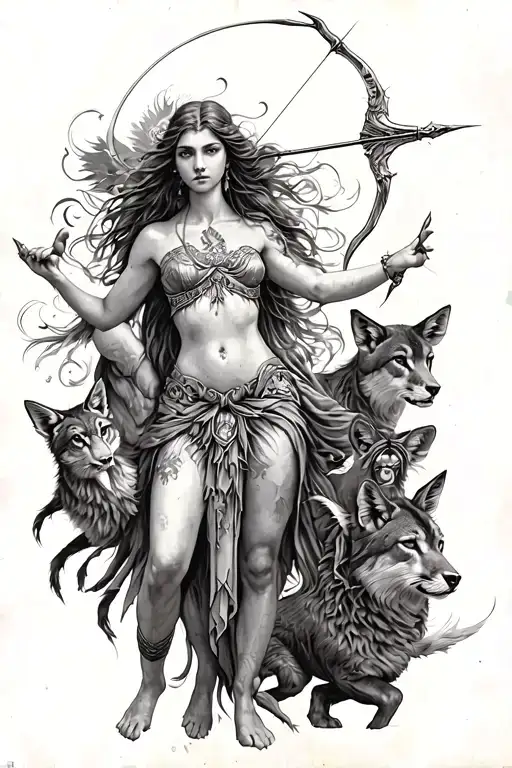 Goddess Artemis Drawing Her Arrow With Animals Surrounding Her