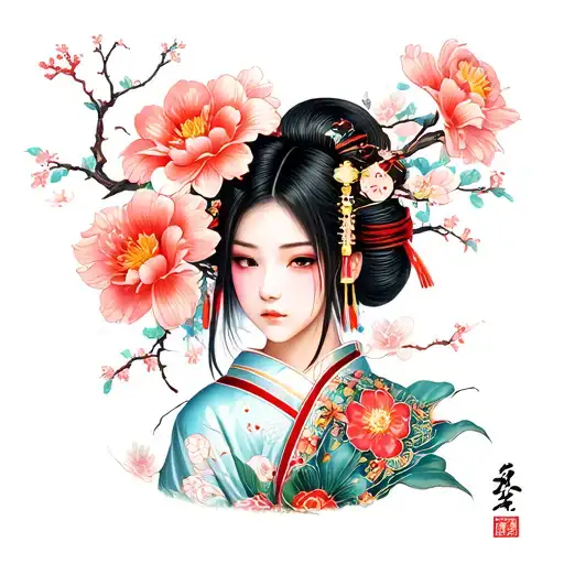 Japanese Girl With Spada And Loto Flower Background