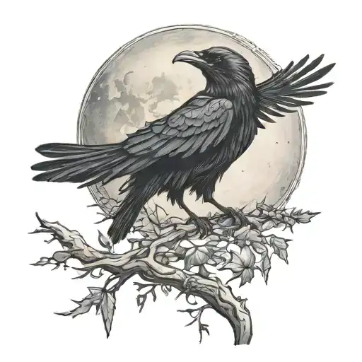 Raven Perched Regally On A Branch Beneath Moon And Stars