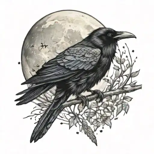 Raven Perched Regally On A Branch Beneath Moon And Stars