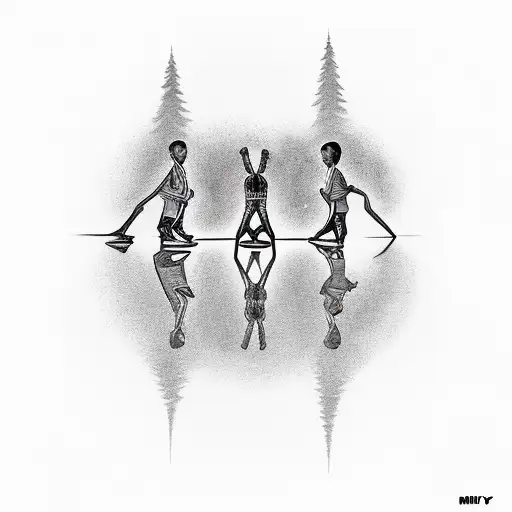 A Tattoo With The Silhouette Of Three People Sitting With Their Backs And Looking At A Star