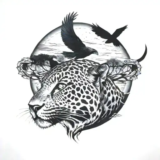 Jaguar Silhouette With Moon And Ravens Flying