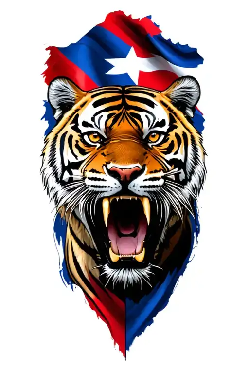 Tiger Roaring And Flag Of Cuba Island