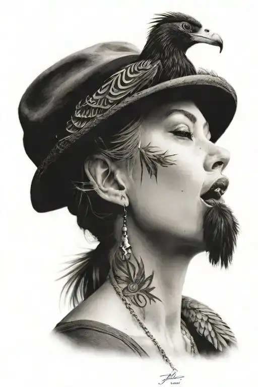 Side Face Of A Woman With A Hat Of A Fenix Bird